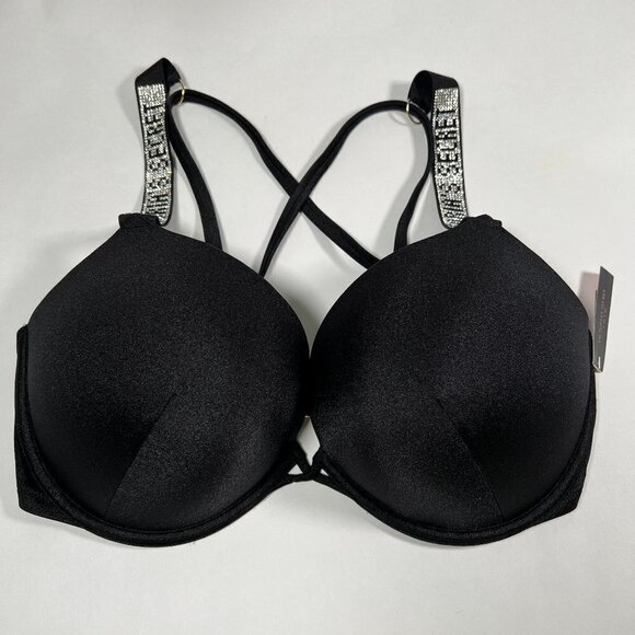 Victoria Secret 38C Bombshell Push Up Bikini Top Shine Strap LOGO Black - Picture 1 of 6